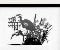 Jewish papercut, nature papercut, 2 herons sitting at the water's edge. Ani Ledodi Vidodi Li suspended between the 2 herons; Song of Songs Jewish papercut, nature papercut, 2 herons sitting at the water's edge. Ani Ledodi Vidodi Li suspended between the 2 herons; Song of Songs